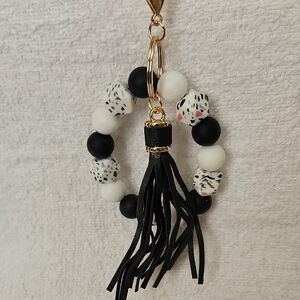 Black and White Beaded Keychain with Tassel